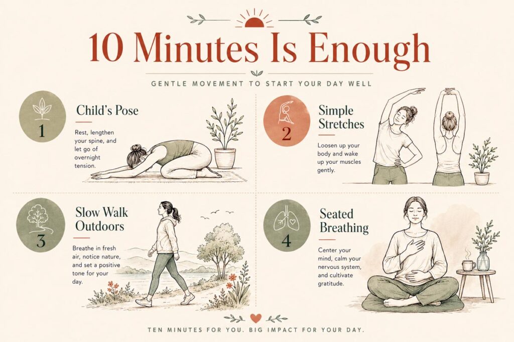 Infographic showing four gentle 10-minute morning movement options including yoga, stretching, and walking