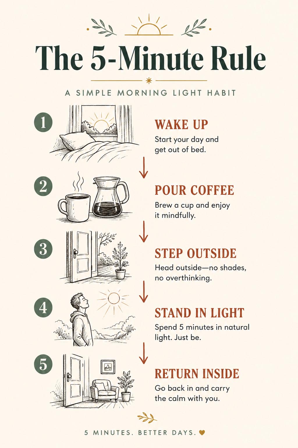 Step-by-step infographic showing a 5-minute morning light habit for an early morning routine