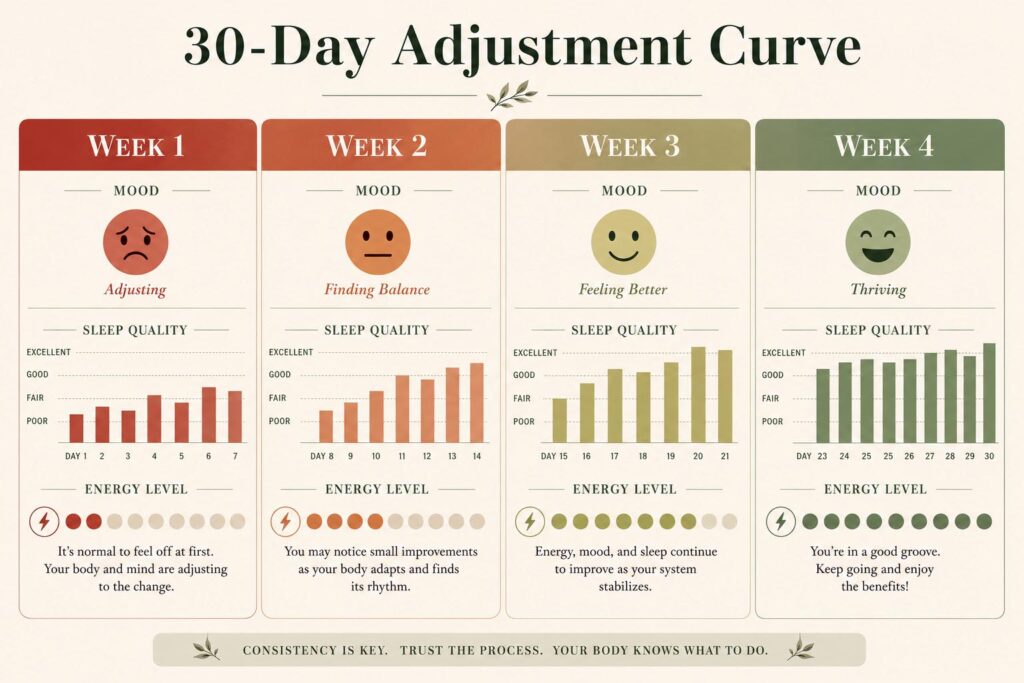 Infographic showing the week-by-week adjustment timeline of a 30-day 5am morning routine experiment