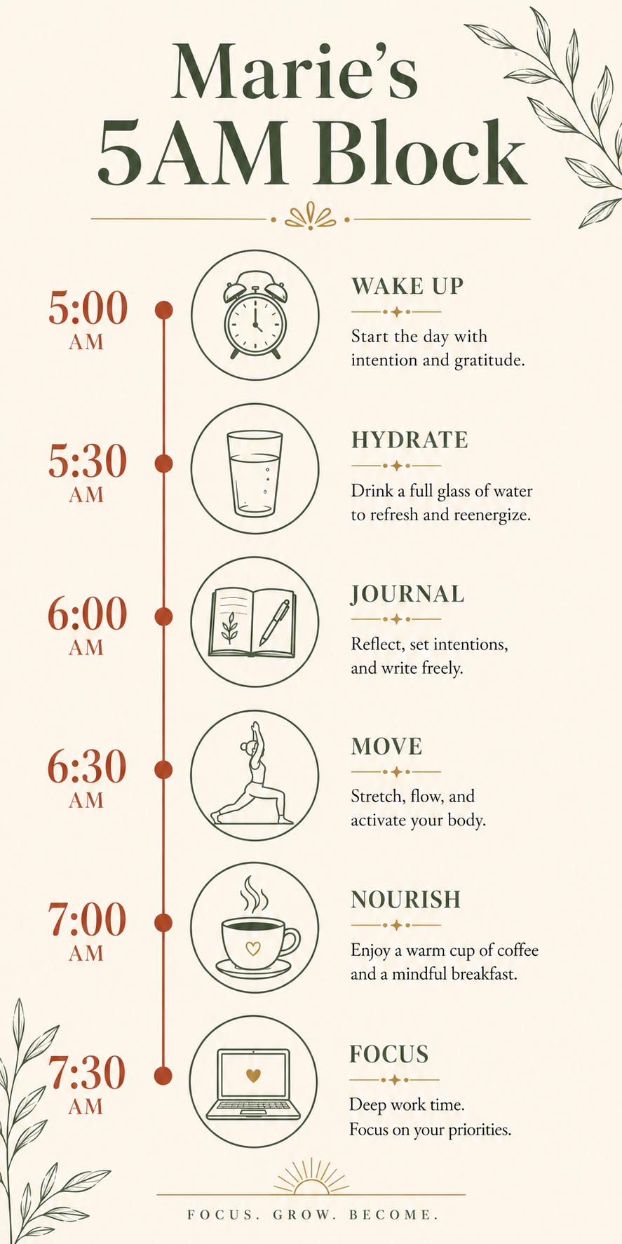 Infographic showing Marie Honeycutt's 5am morning routine schedule from 5:00 to 8:00 hour by hour