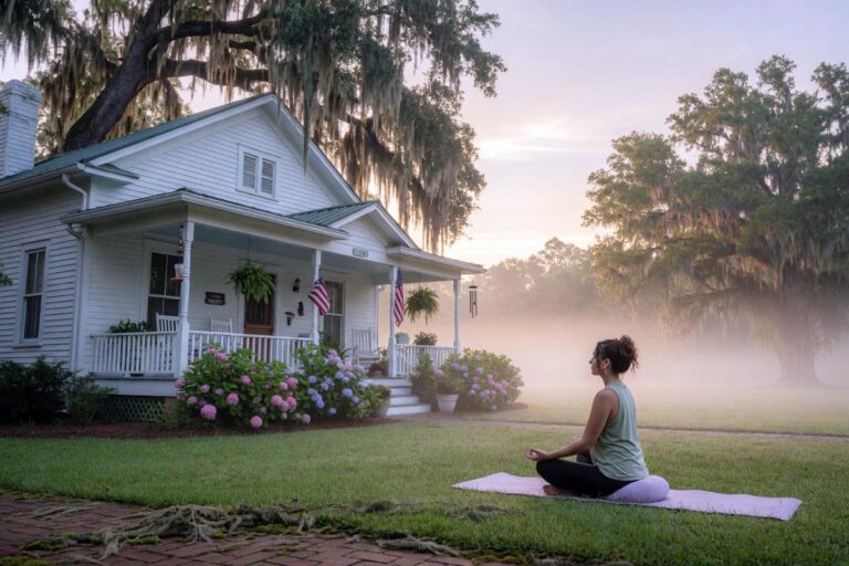 Marie Honeycutt meditating at sunrise during her 5am morning routine in her Alabama backyard