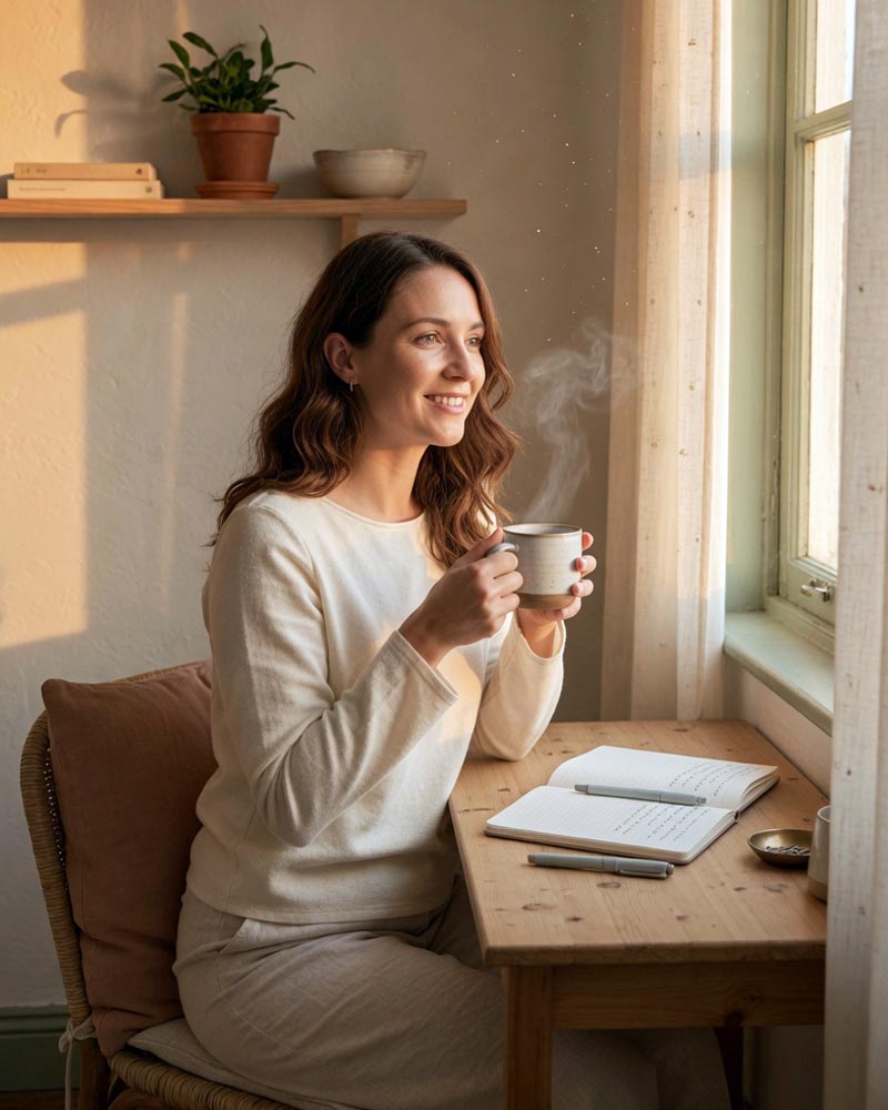 Marie holding a coffee cup by a sunlit window