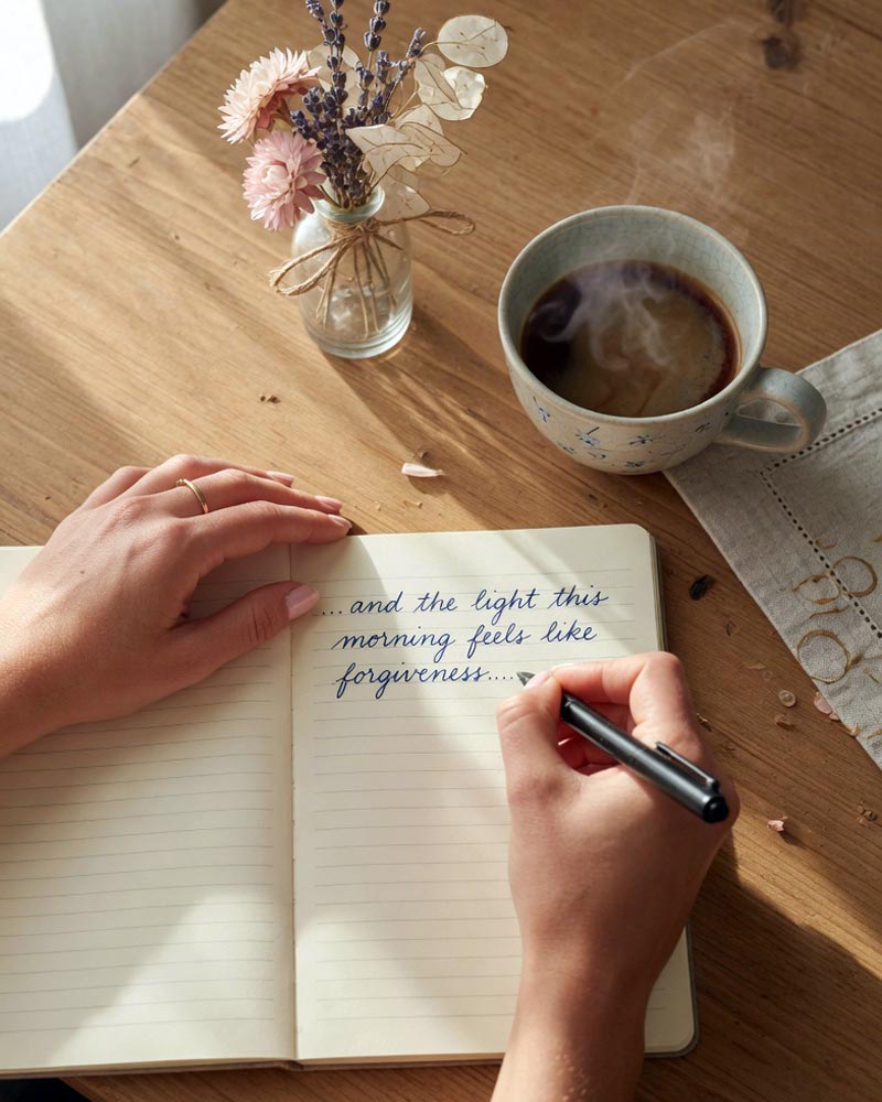Marie writing in a notebook with morning coffee