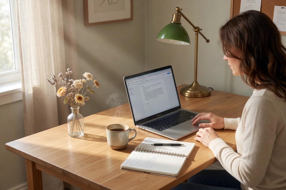 Open laptop on a wooden desk with notebook and morning coffee