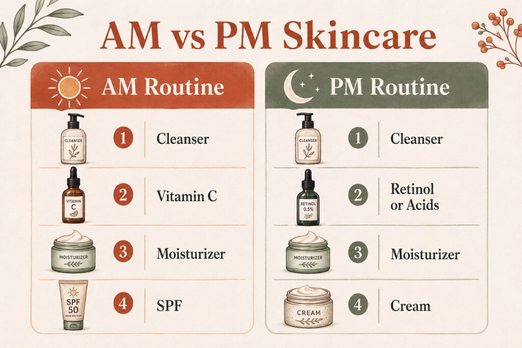 Infographic comparing AM versus PM skincare and what belongs in a morning skincare routine