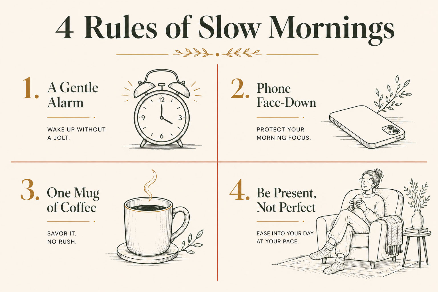 Infographic showing the 4 rules of a slow morning routine, ideal for the best morning routines for late risers