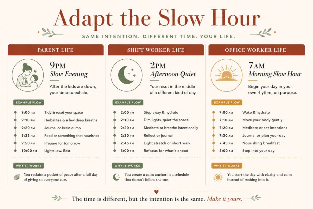 Infographic showing best morning routines adapted for parents, shift workers, and office workers