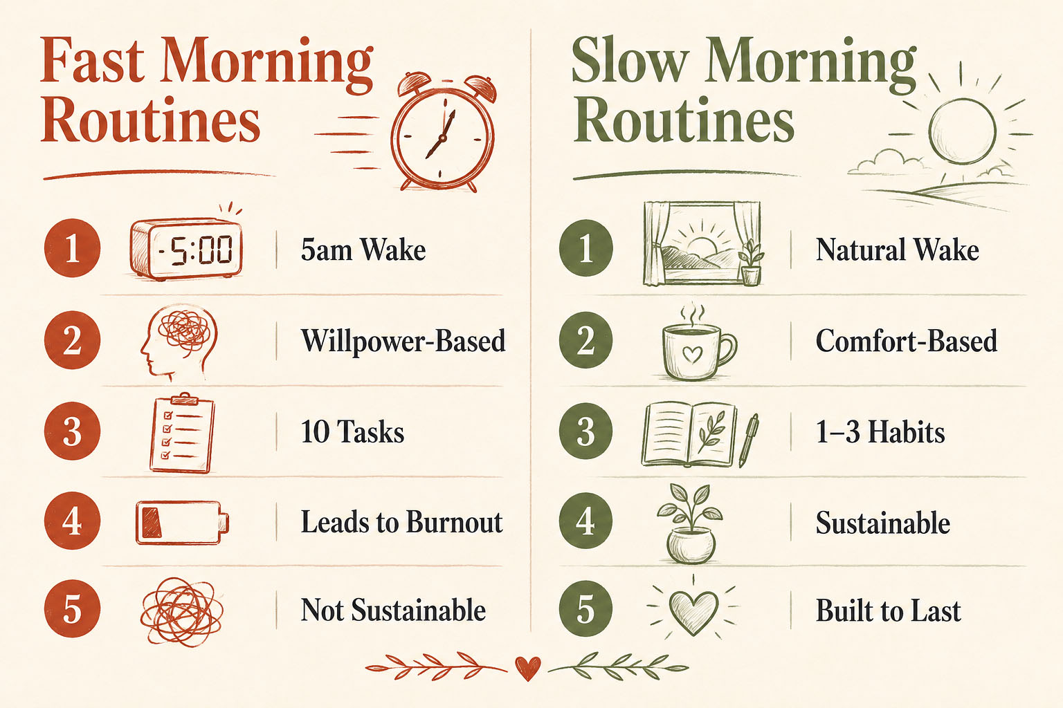 Infographic comparing fast versus slow morning routines and why slow routines are among the best morning routines