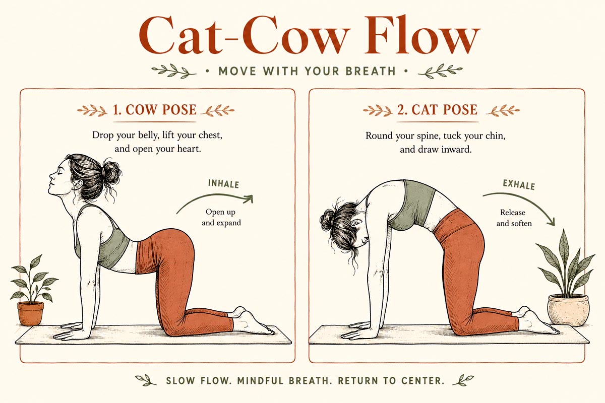Step-by-step infographic showing cat-cow pose alignment for a morning yoga routine