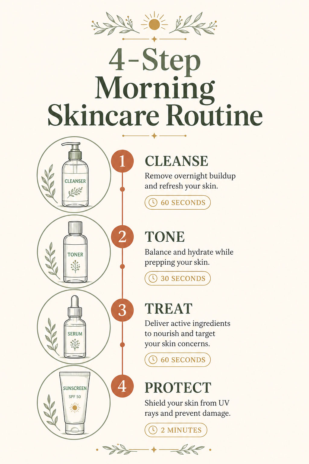 Infographic showing the complete 4-step morning skincare routine in dermatologist-approved order
