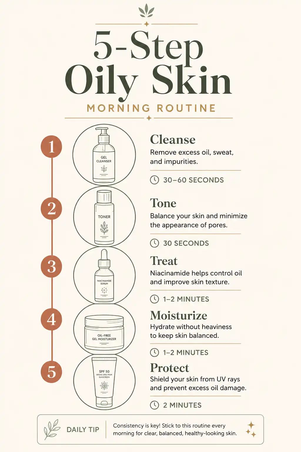 Infographic showing the complete 5-step morning skincare routine for oily skin