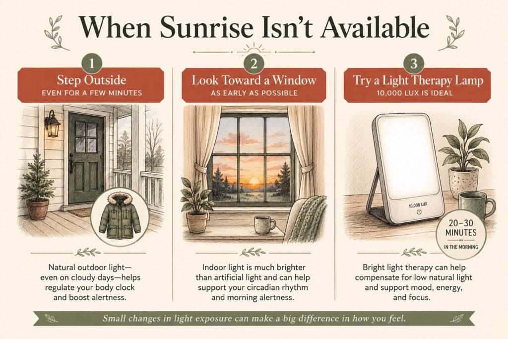 Infographic showing alternatives for dark or cold mornings during an early morning routine