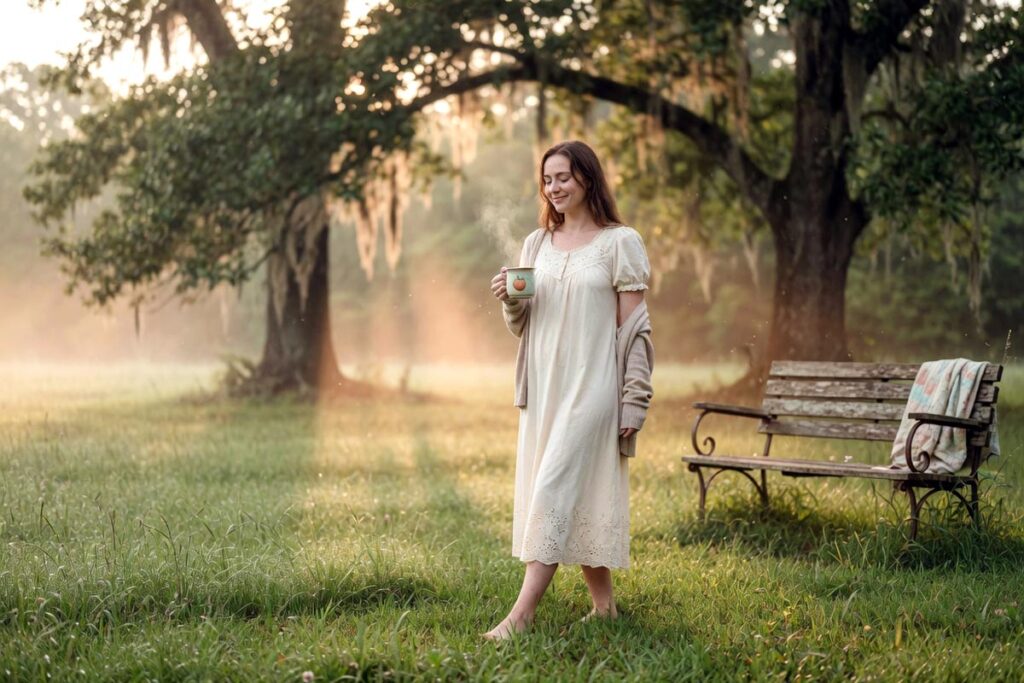 Marie Honeycutt walking barefoot outside with morning coffee during her early morning routine