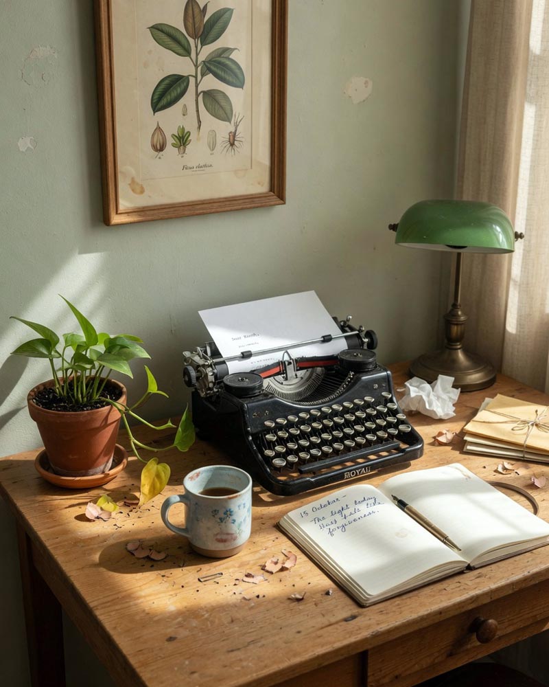 Cozy home office in early morning light