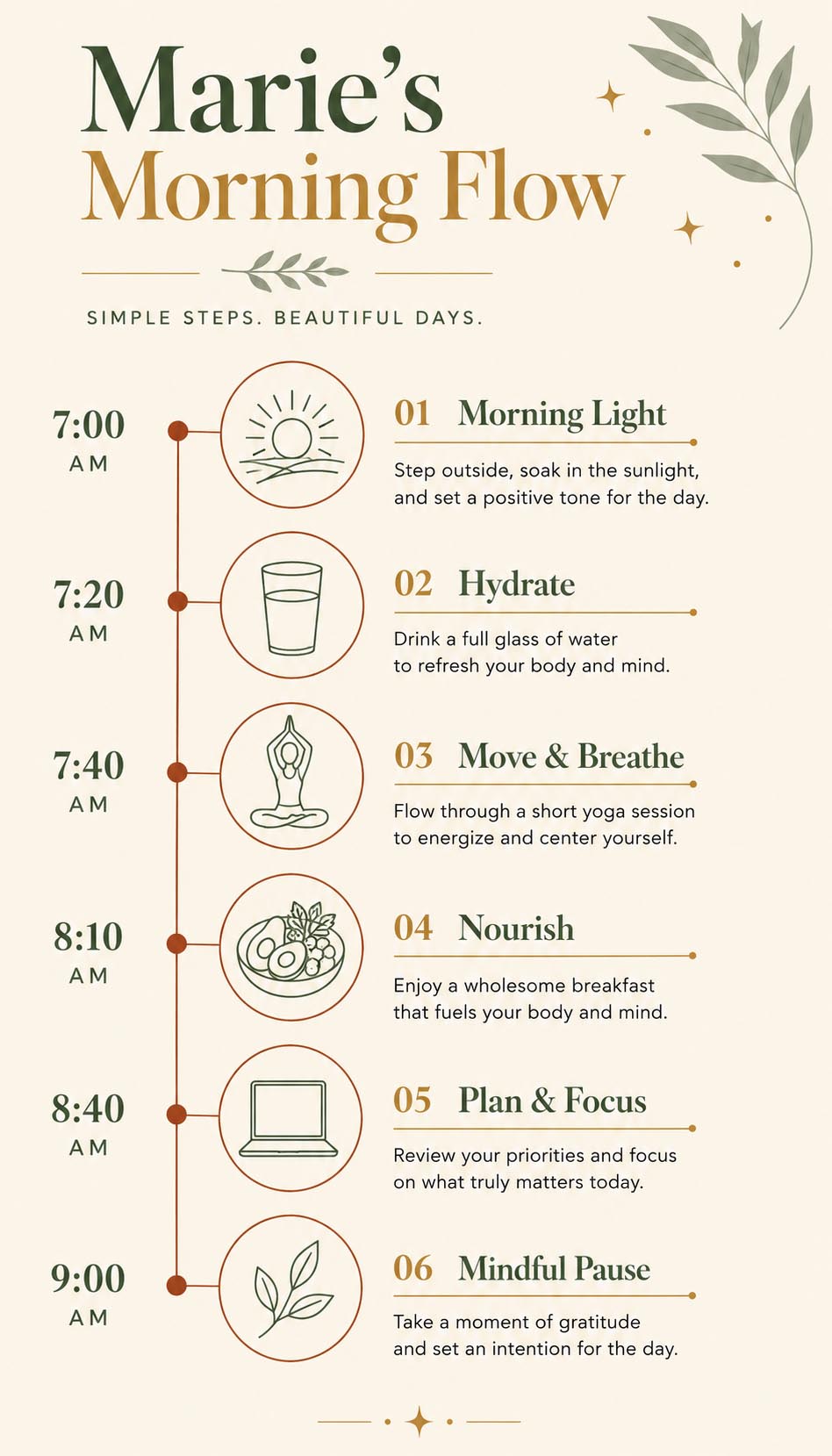 Infographic showing Marie Honeycutt's 6-step healthy morning routine flow from 7am to 9am