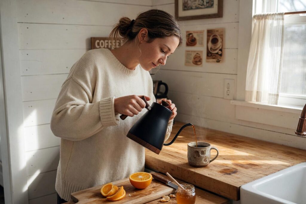 Marie Honeycutt pouring coffee from a gooseneck kettle during her healthy morning routine in her Southern kitchen