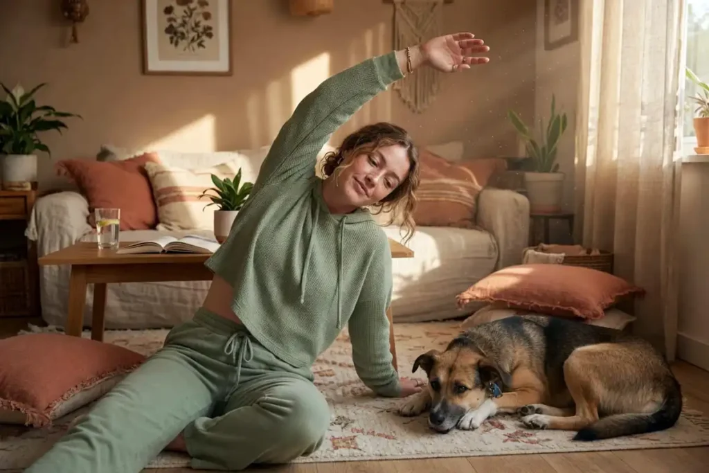 Marie doing gentle stretches at home in Alabama as part of her daily morning routine