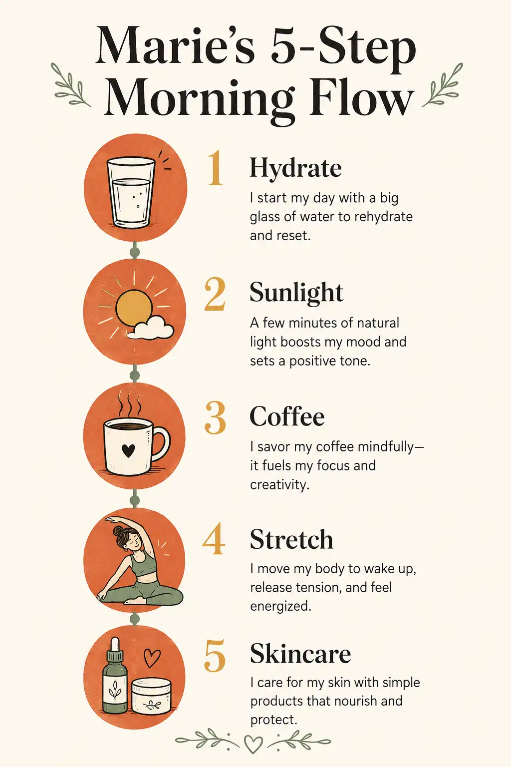 Marie's five-step morning routine flow chart from wake-up through skincare