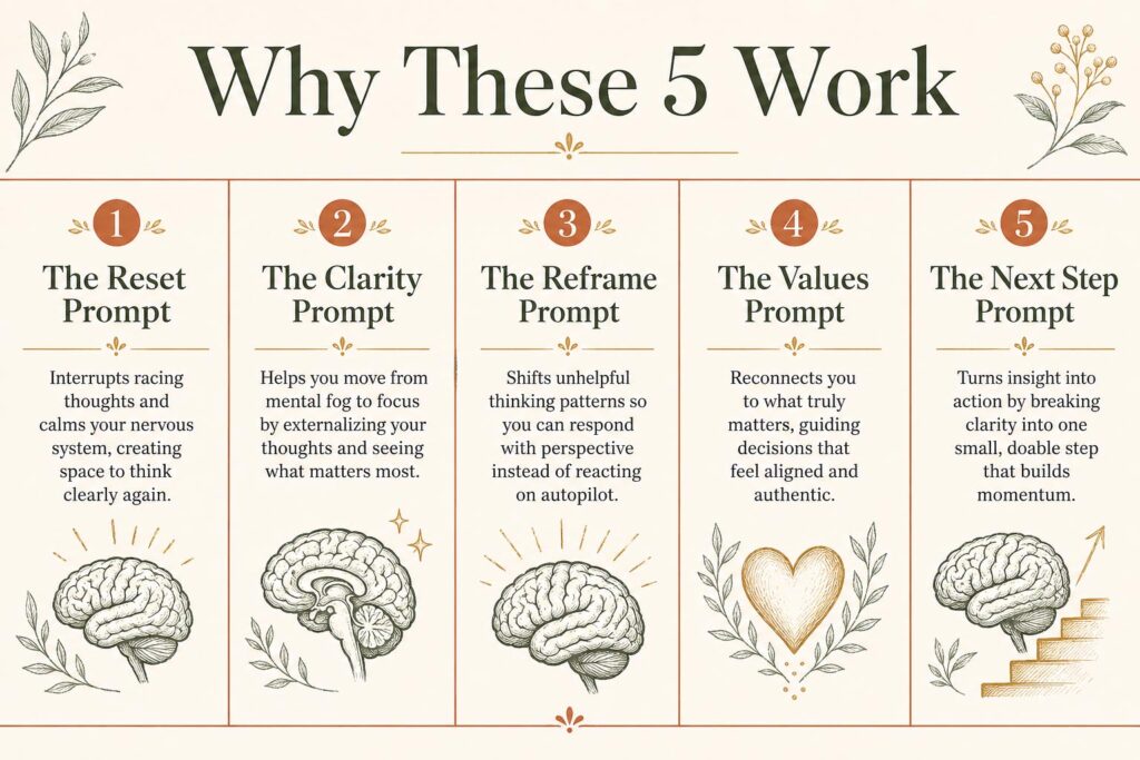 Infographic explaining why each of the 5 morning journal prompts work for a morning routine for success