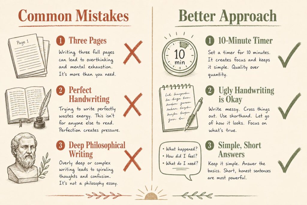 Infographic comparing common journaling mistakes versus a better morning routine for success approach