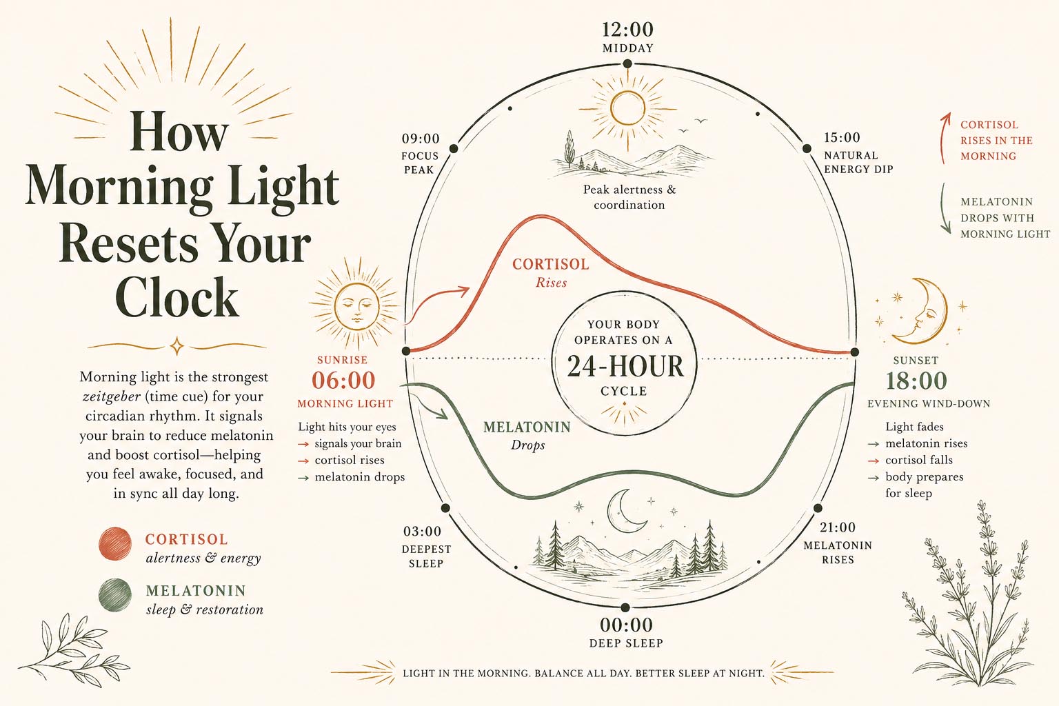 Infographic showing how morning light resets the circadian rhythm and body clock for an early morning routine