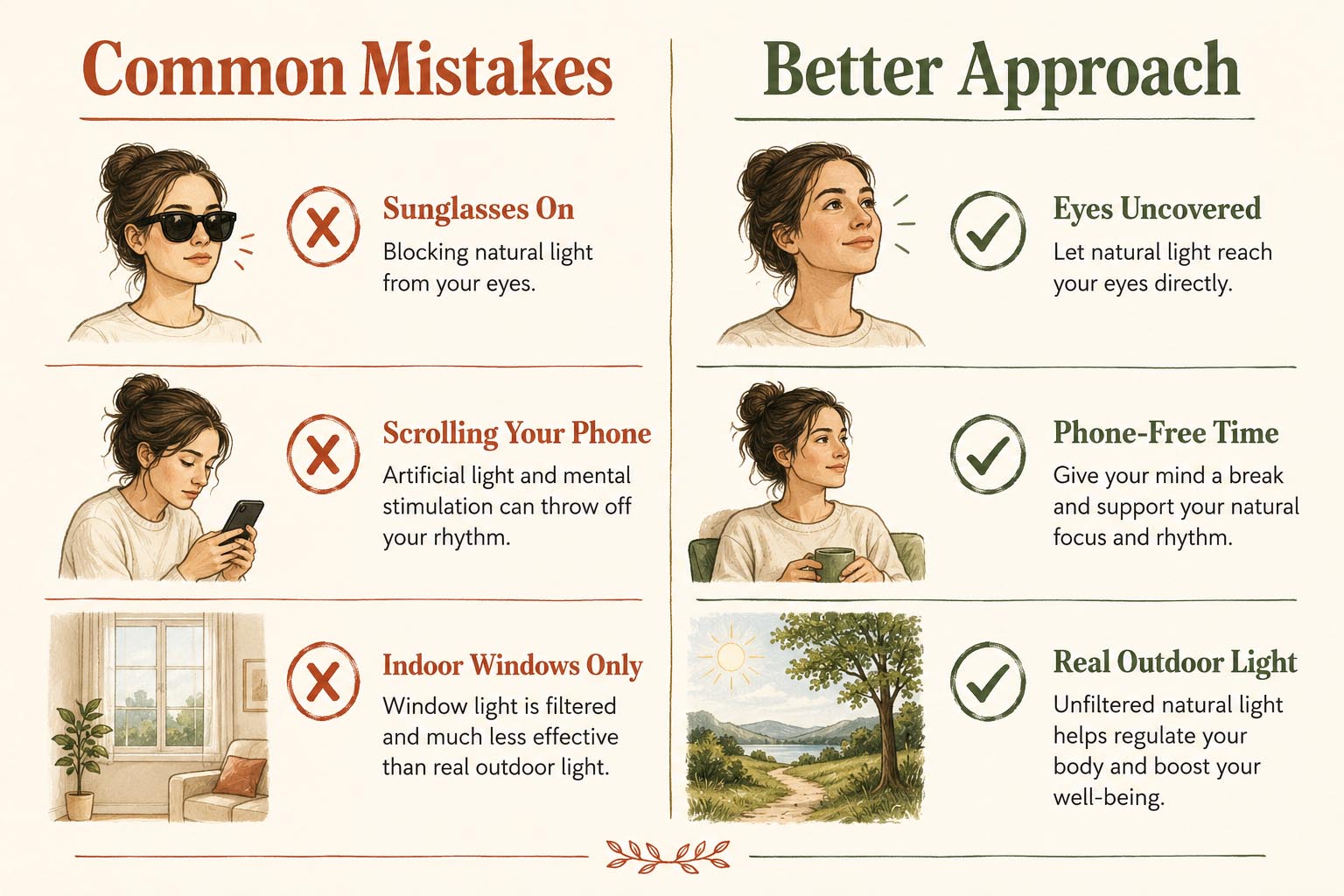 Infographic comparing common morning light mistakes versus a better early morning routine approach