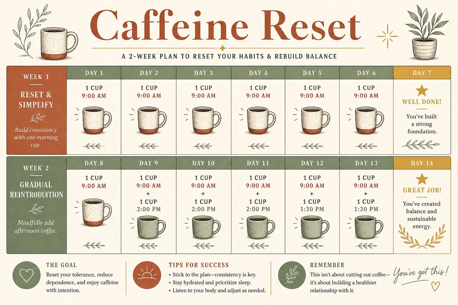 Infographic showing a 2-week caffeine reset plan for a healthier morning routine drink habit