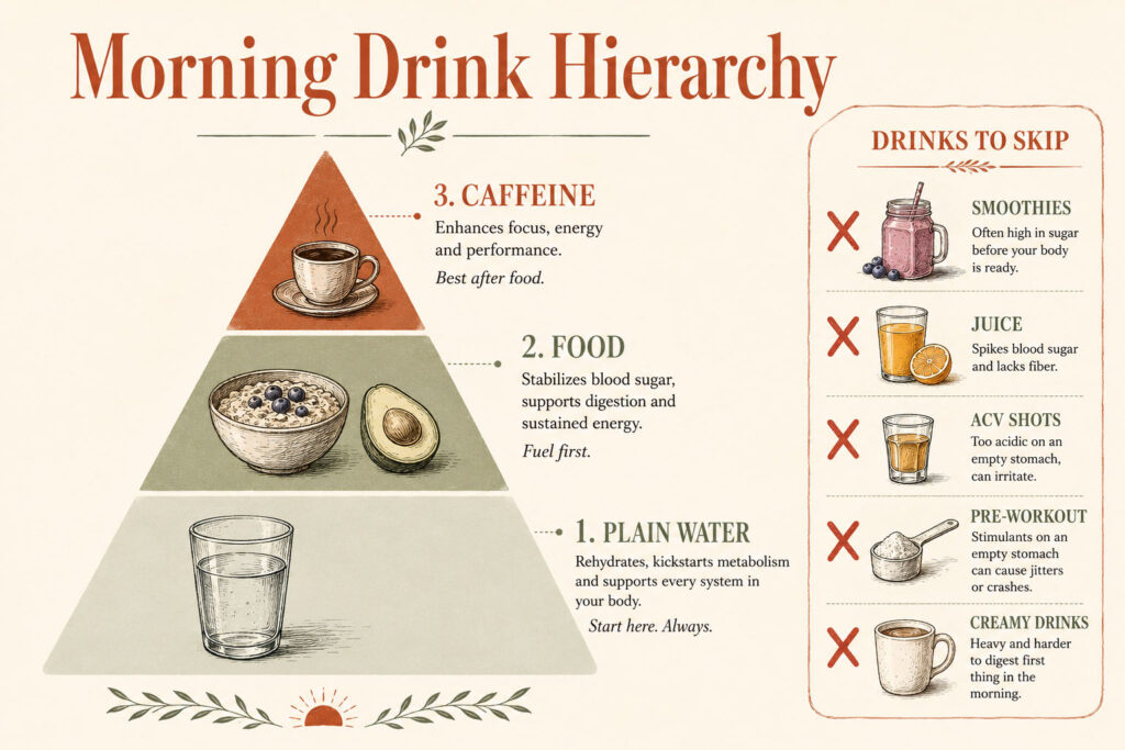Infographic cheat sheet showing the correct morning routine drink hierarchy and what to skip
