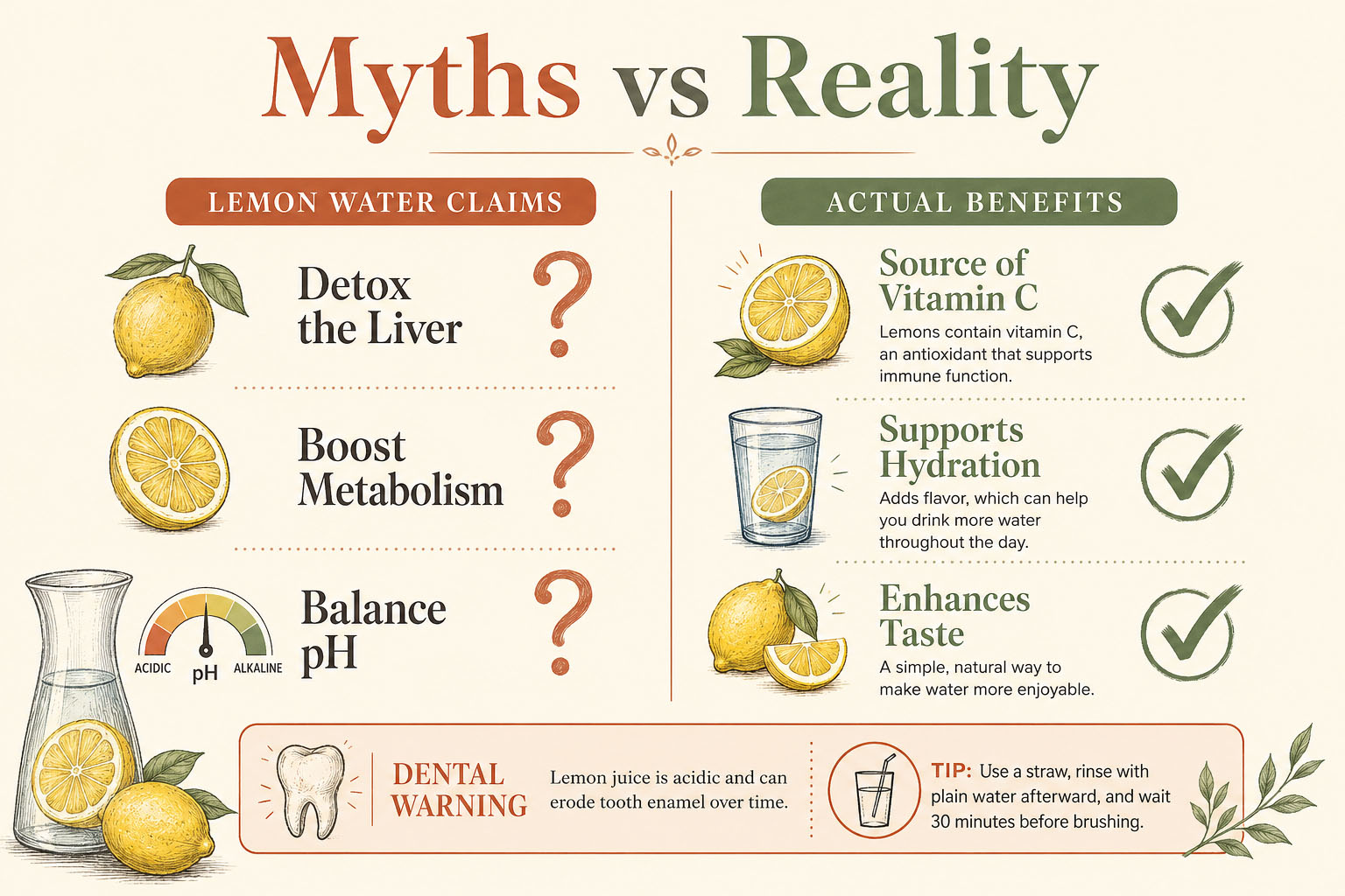 Infographic showing lemon water myths versus reality for a morning routine drink