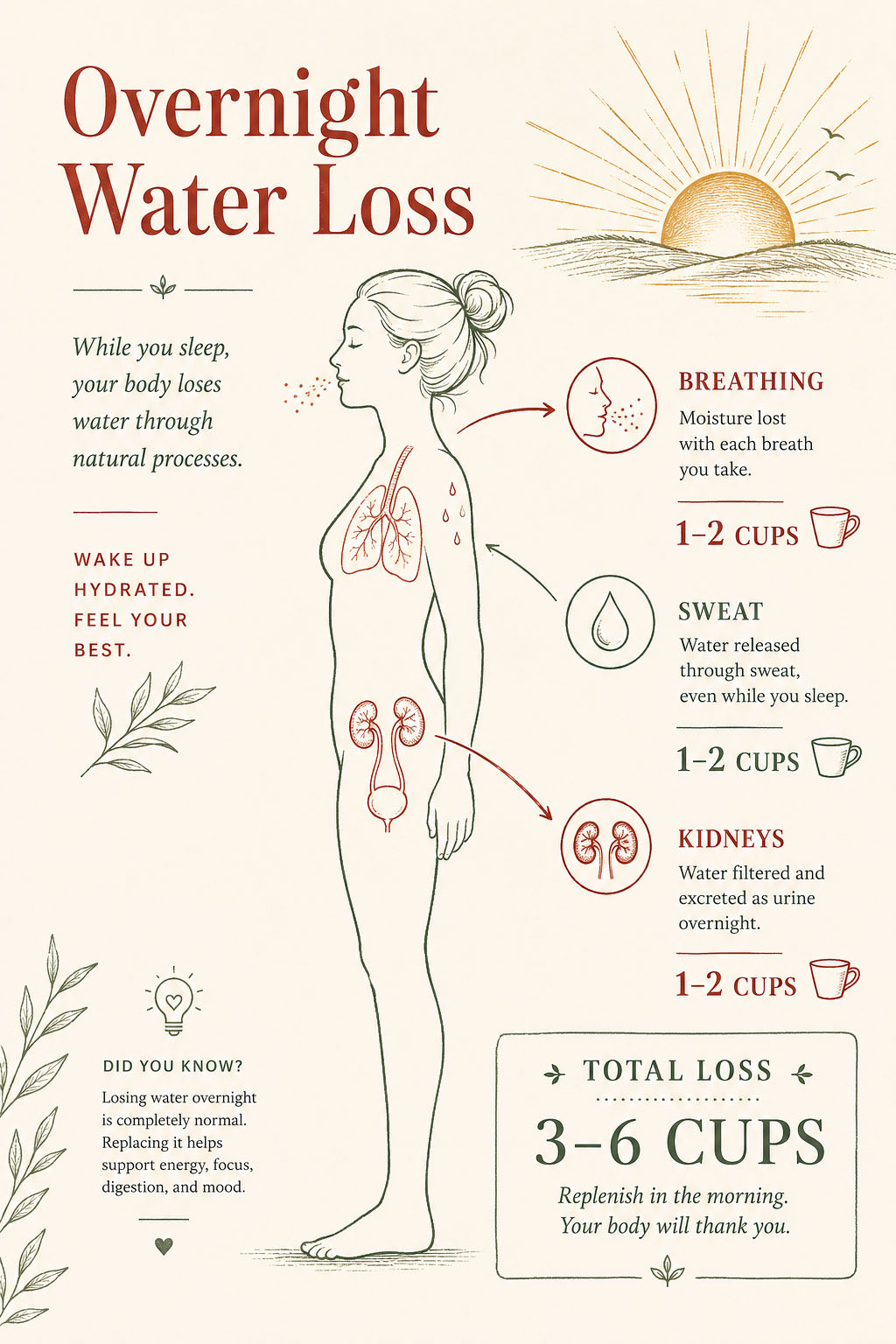 Infographic showing overnight water loss explaining why a morning routine drink should start with water