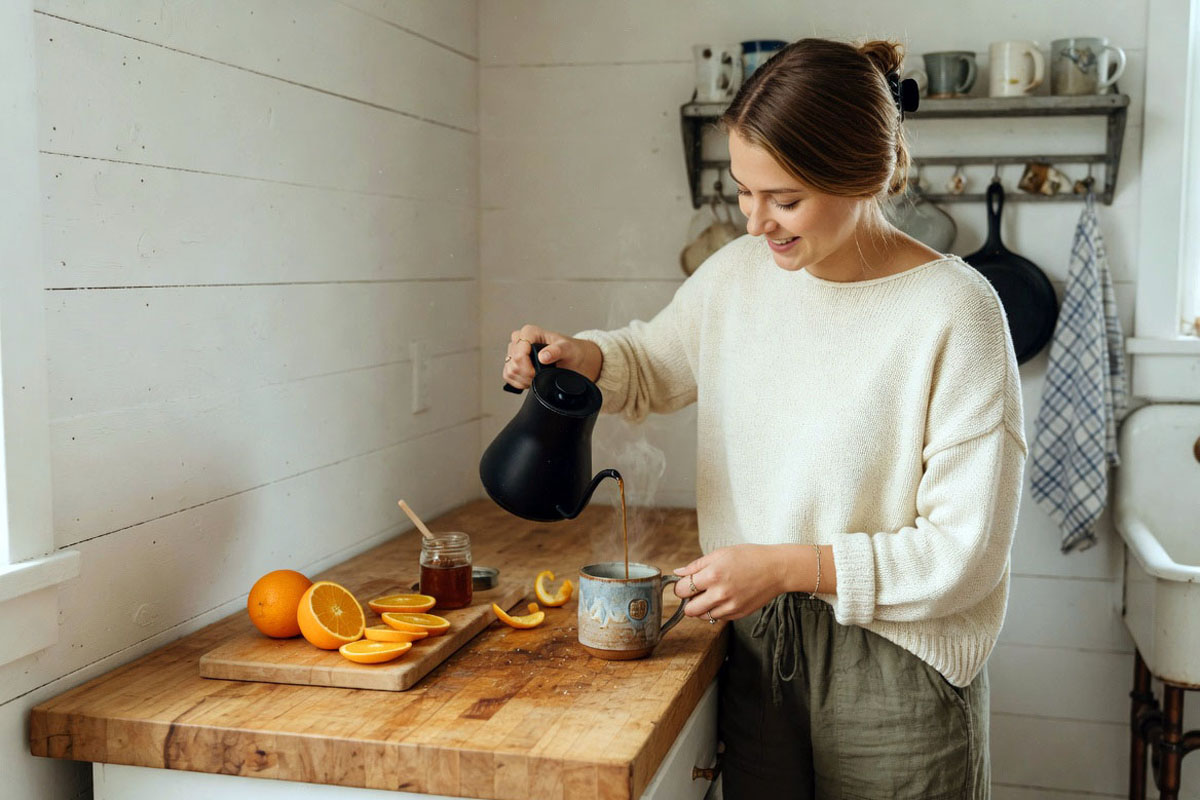 Marie Honeycutt pouring coffee as part of her morning routine drink order in her Southern kitchen
