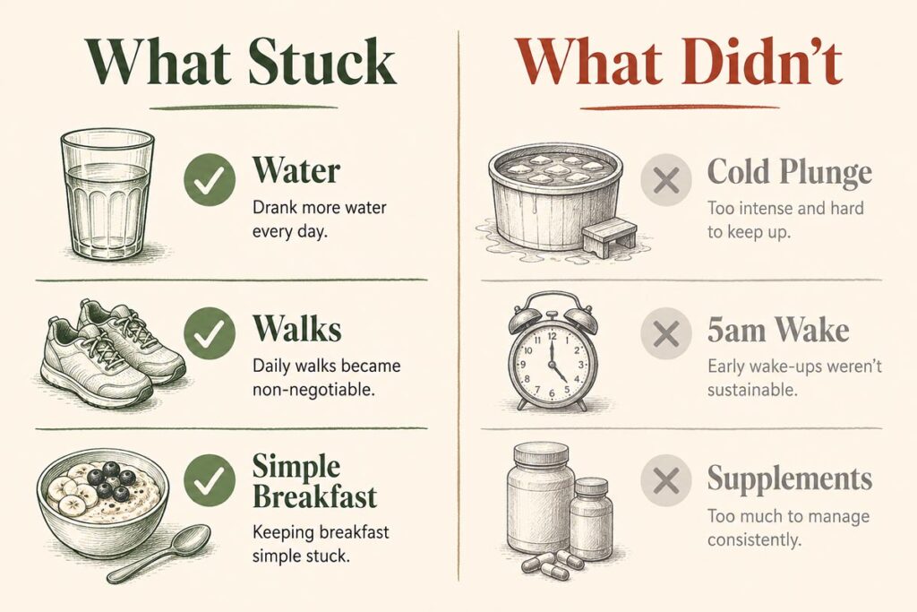Infographic comparing morning routine habits that actually work versus trendy ones that did not stick