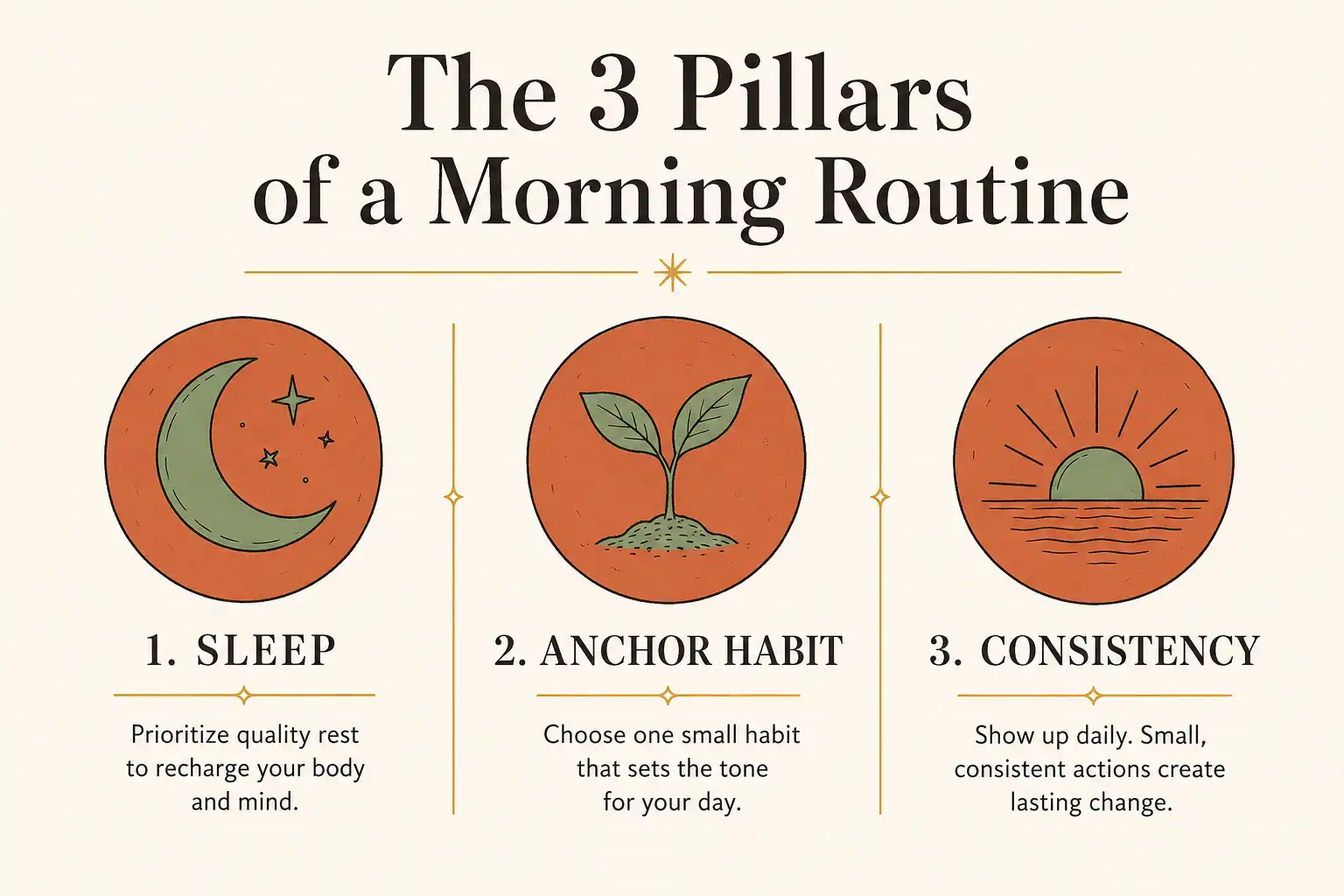 Three pillars infographic showing sleep, anchor habit, and consistency for morning routines