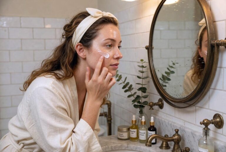 Marie Honeycutt applying moisturizer during her 4-step morning skincare routine at the bathroom mirror
