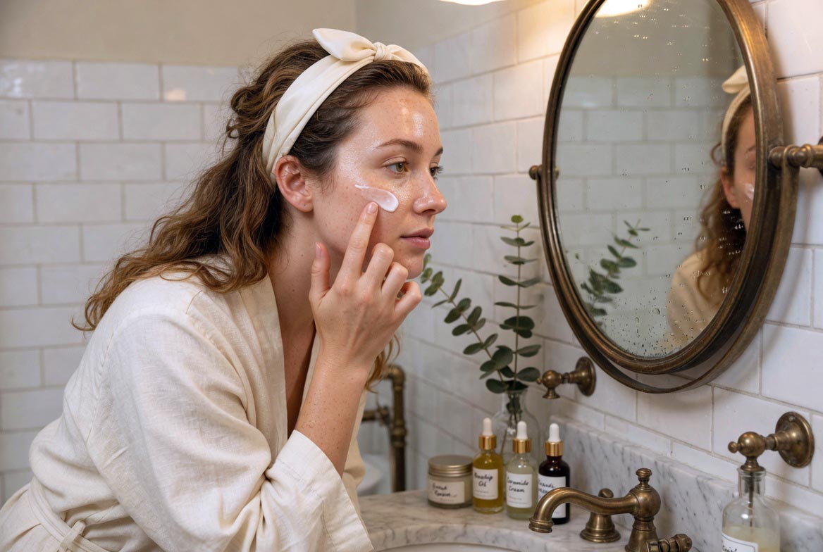 Marie Honeycutt applying moisturizer during her 4-step morning skincare routine at the bathroom mirror