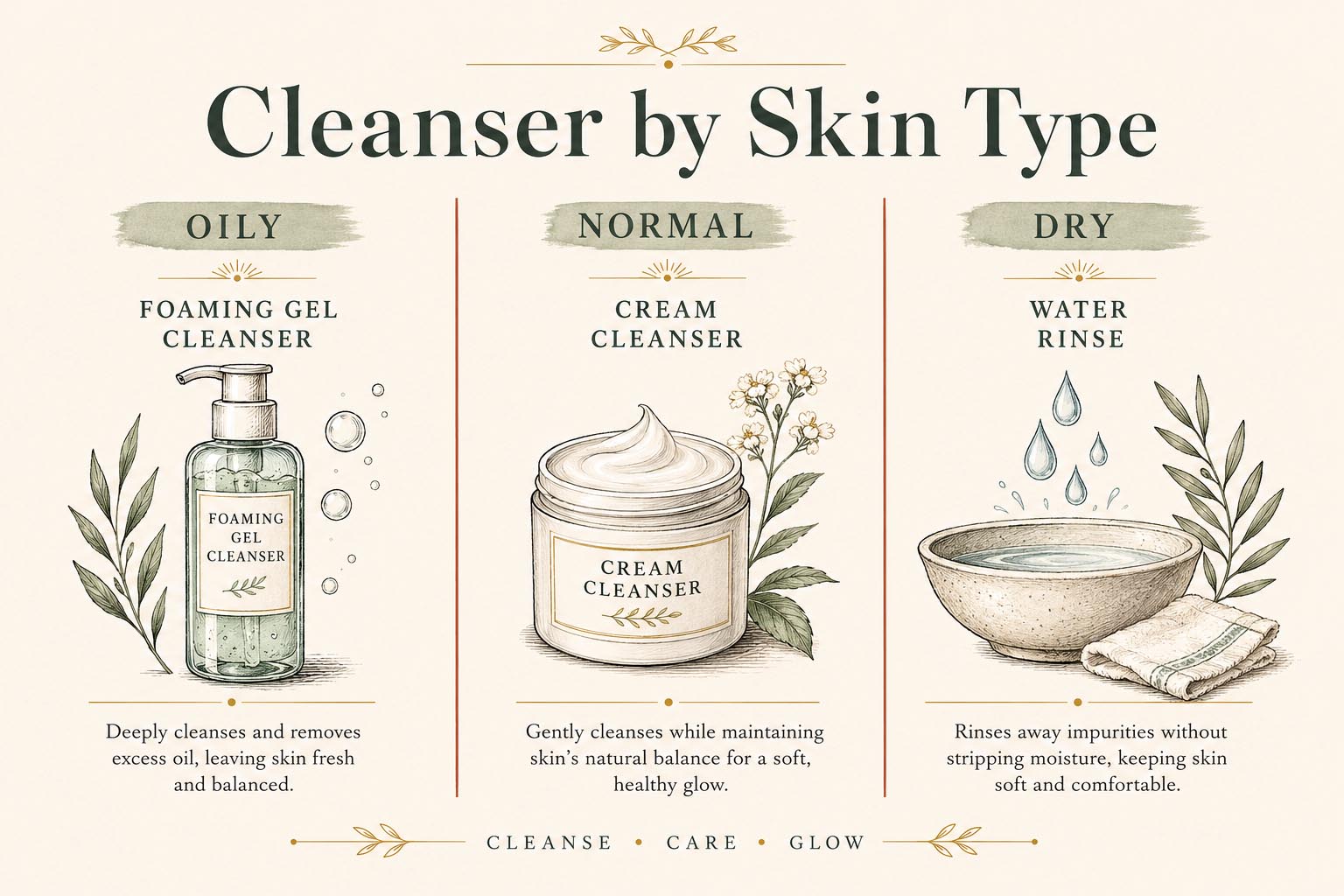 Infographic showing the right cleanser by skin type for a morning skincare routine