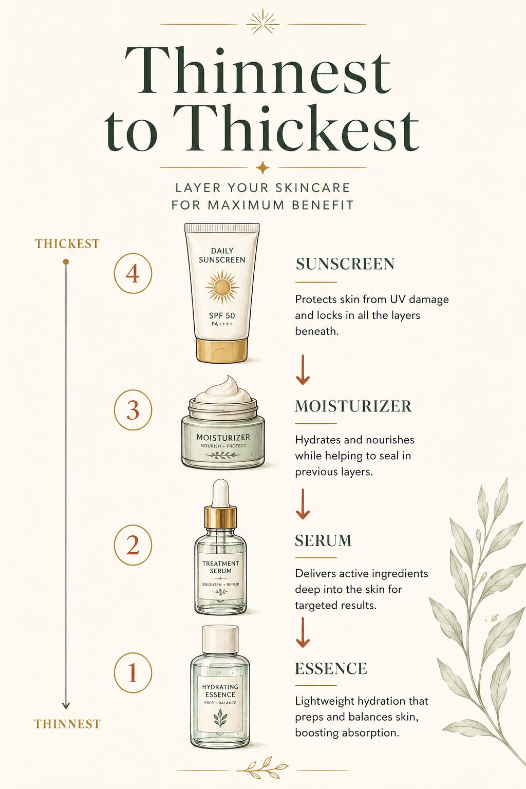 Infographic showing thinnest to thickest layering order for a morning skincare routine