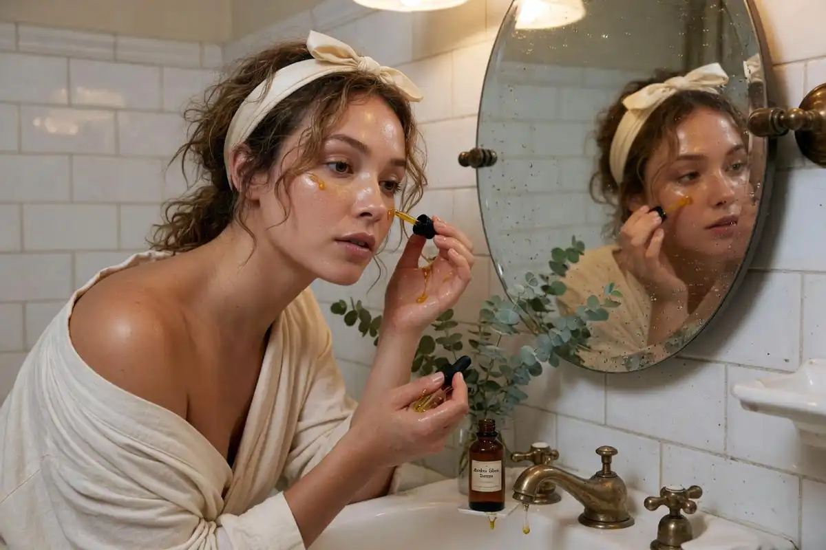Marie Honeycutt applying niacinamide serum during her morning skincare routine for oily skin