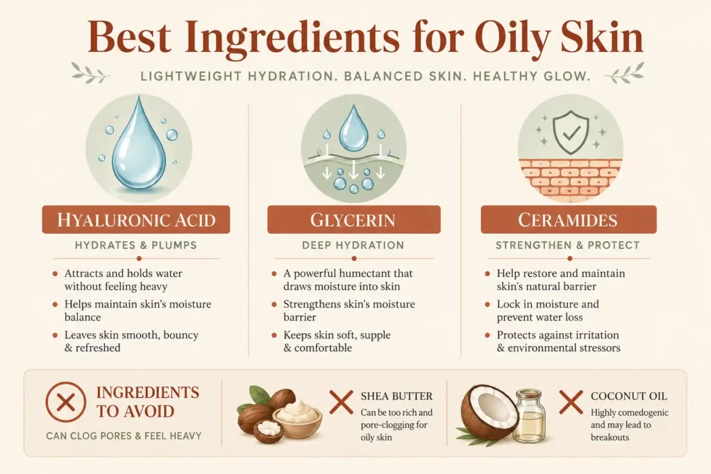 Infographic showing the best moisturizer ingredients for a morning skincare routine for oily skin