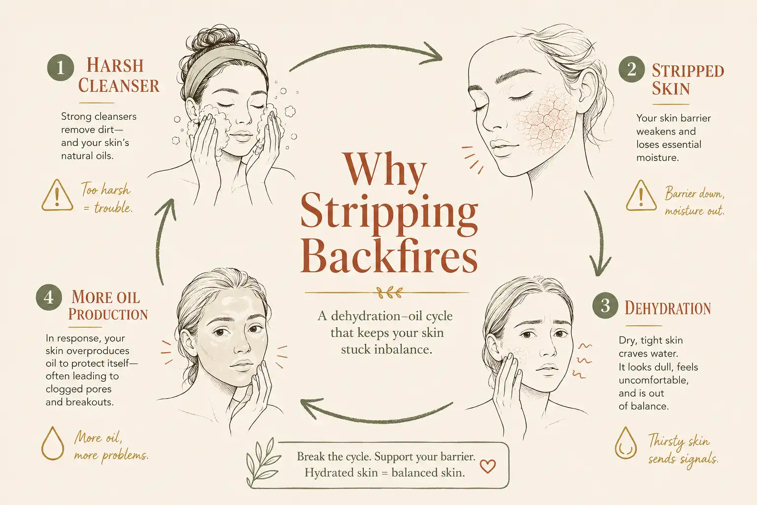 Infographic showing why stripping oily skin backfires in a morning skincare routine