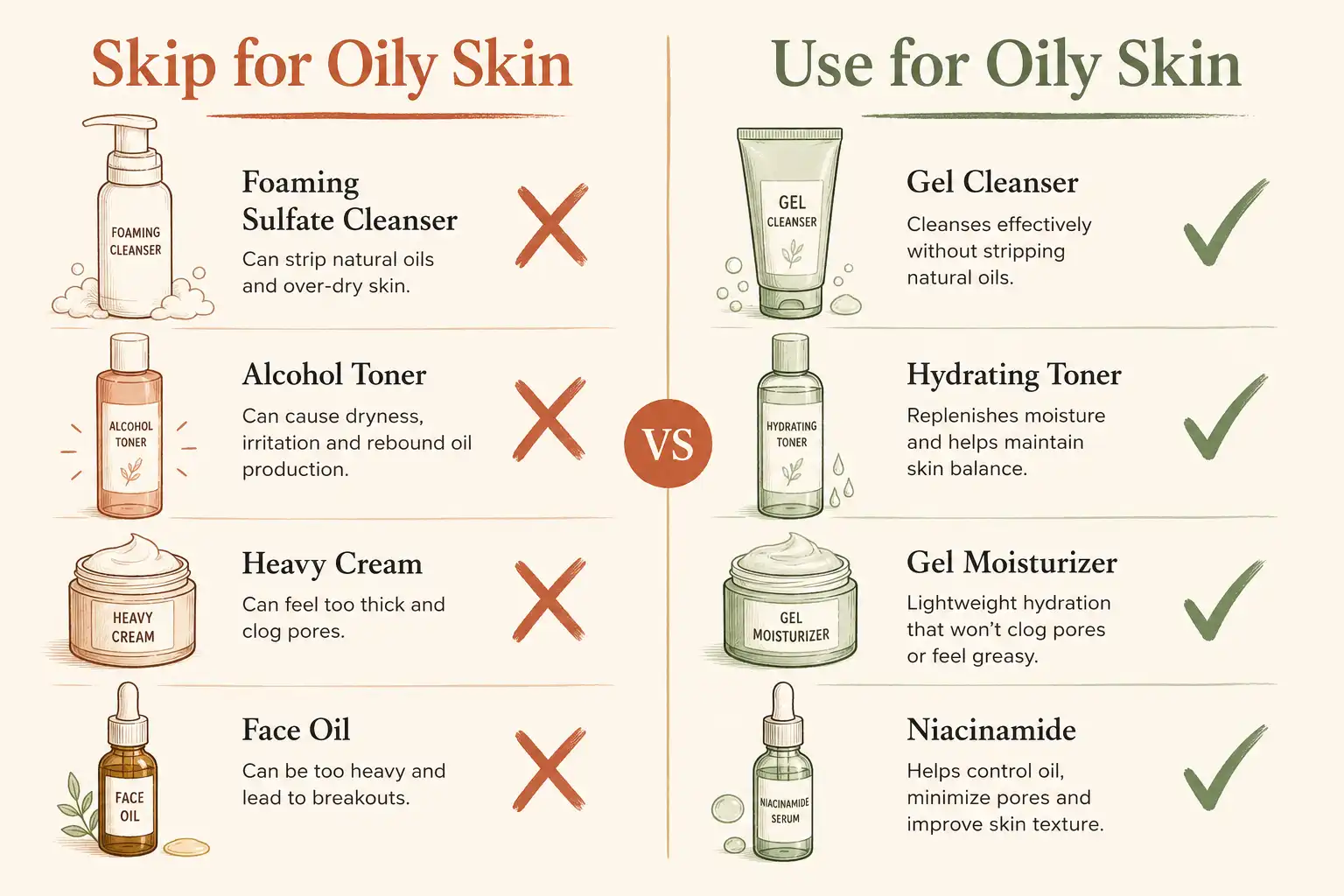 Infographic showing what to skip and what to use in a morning skincare routine for oily skin