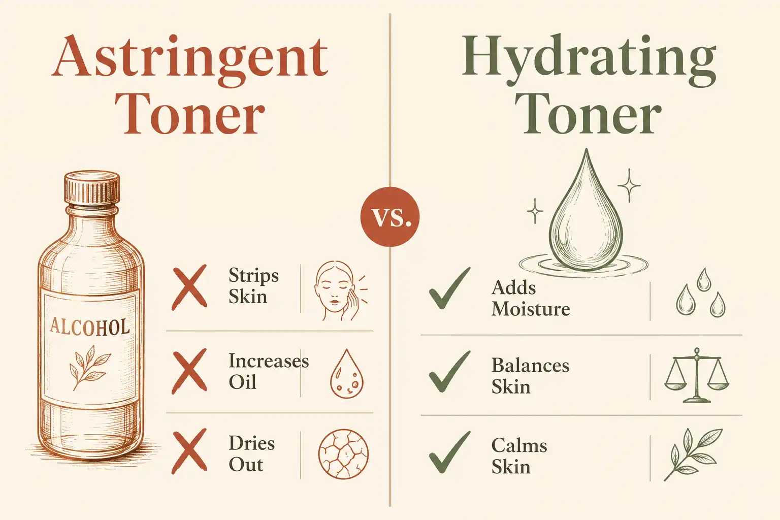 Infographic comparing astringent versus hydrating toner for a morning skincare routine for oily skin