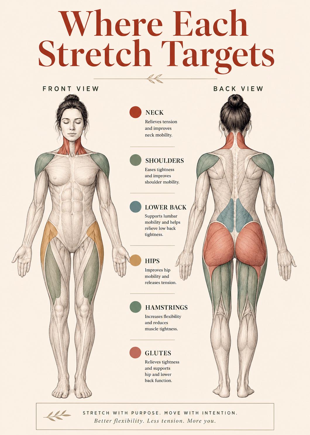 Infographic showing which body areas each stretch targets in a morning stretches routine