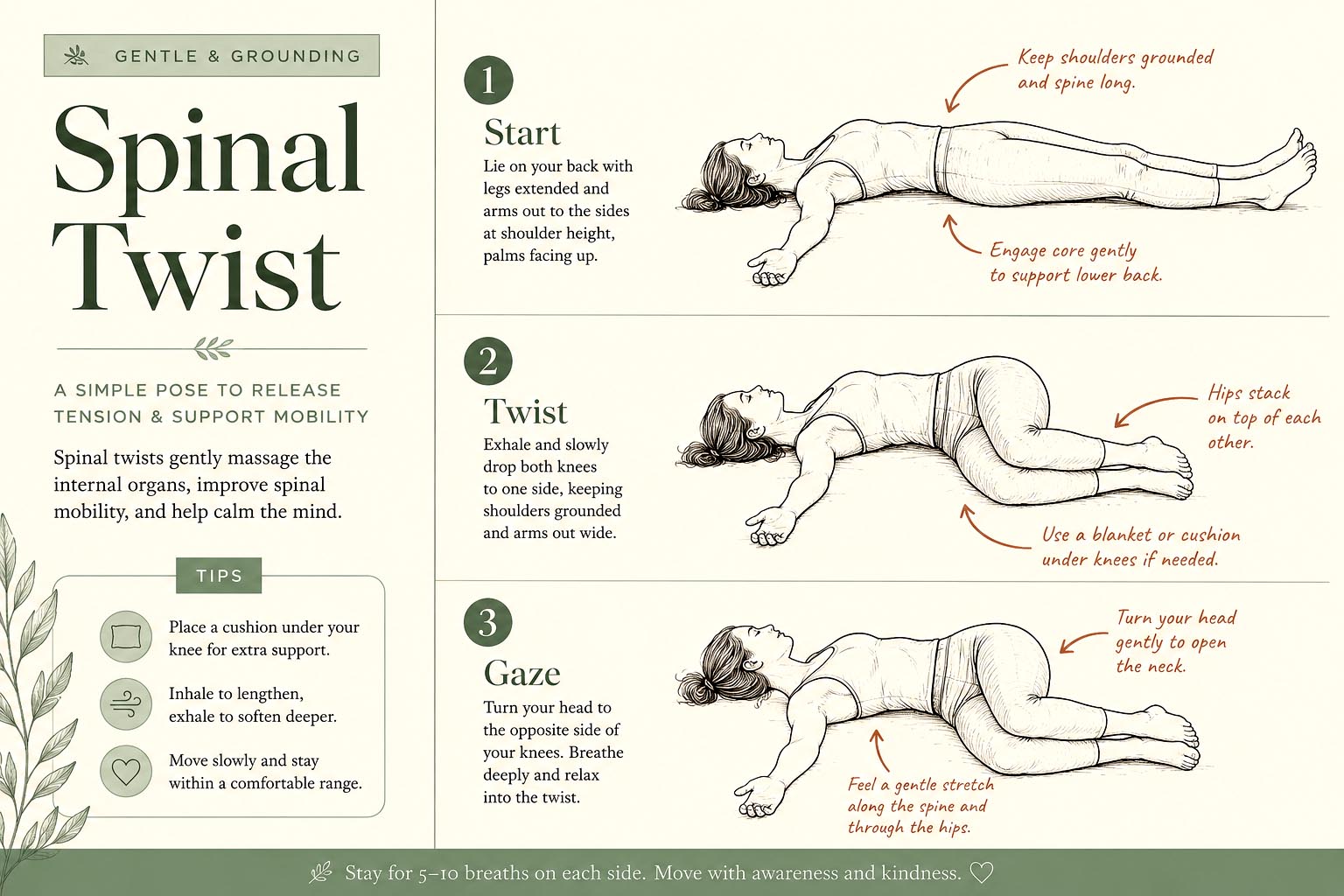 Step-by-step infographic showing the spinal twist as part of a morning stretches routine in bed