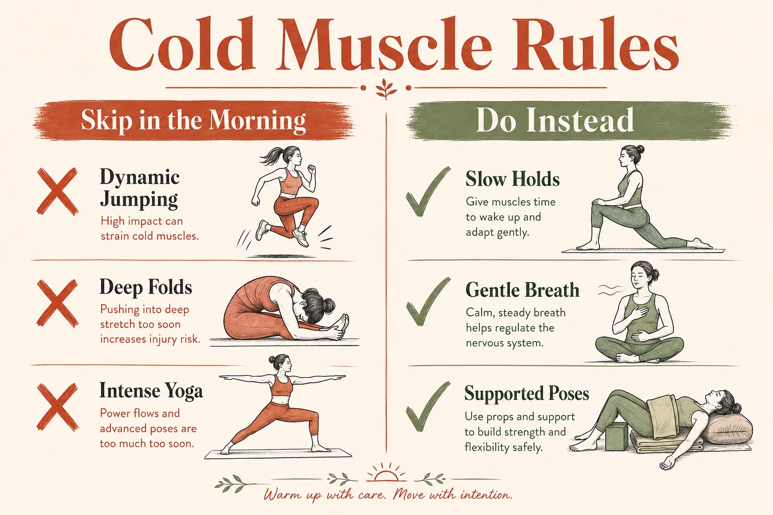 Infographic showing what stretches to avoid first thing in a morning stretches routine