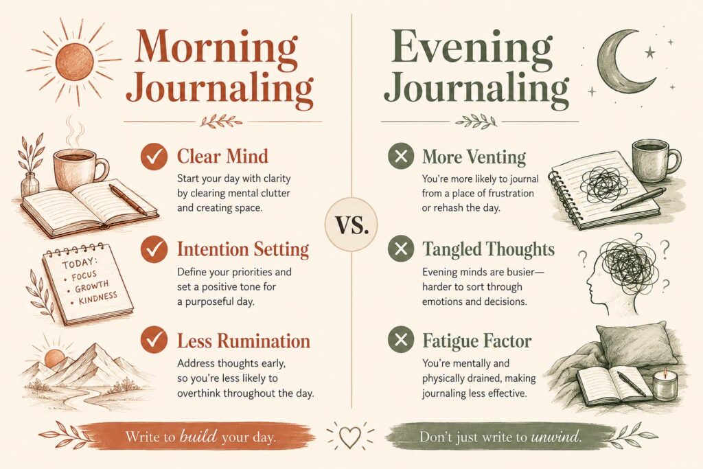 Infographic comparing morning journaling versus evening journaling for a morning routine for success