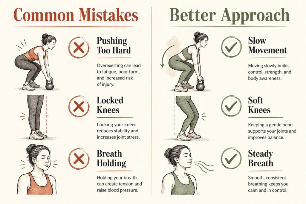 Infographic comparing common morning yoga mistakes versus a beginner-friendly approach