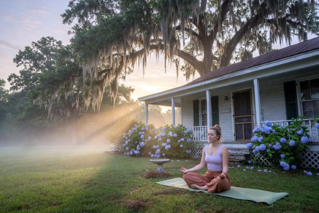 Marie Honeycutt meditating during her morning yoga routine at sunrise in her Alabama backyard