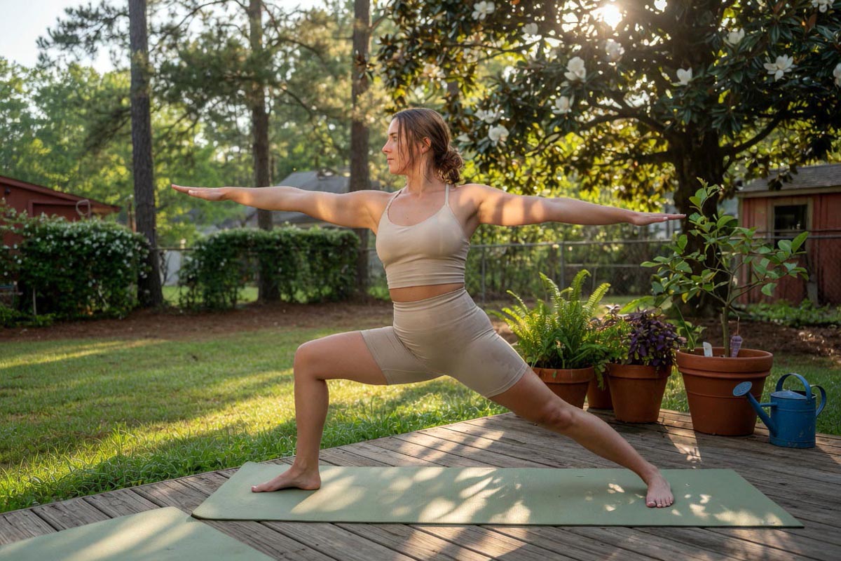 Marie Honeycutt demonstrating warrior II during her 15-minute morning yoga routine for beginners
