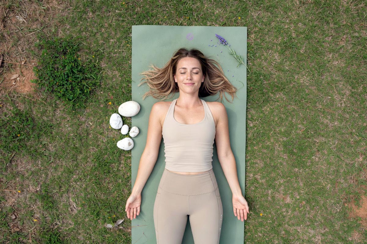 Marie Honeycutt in savasana pose ending her 15-minute morning yoga routine